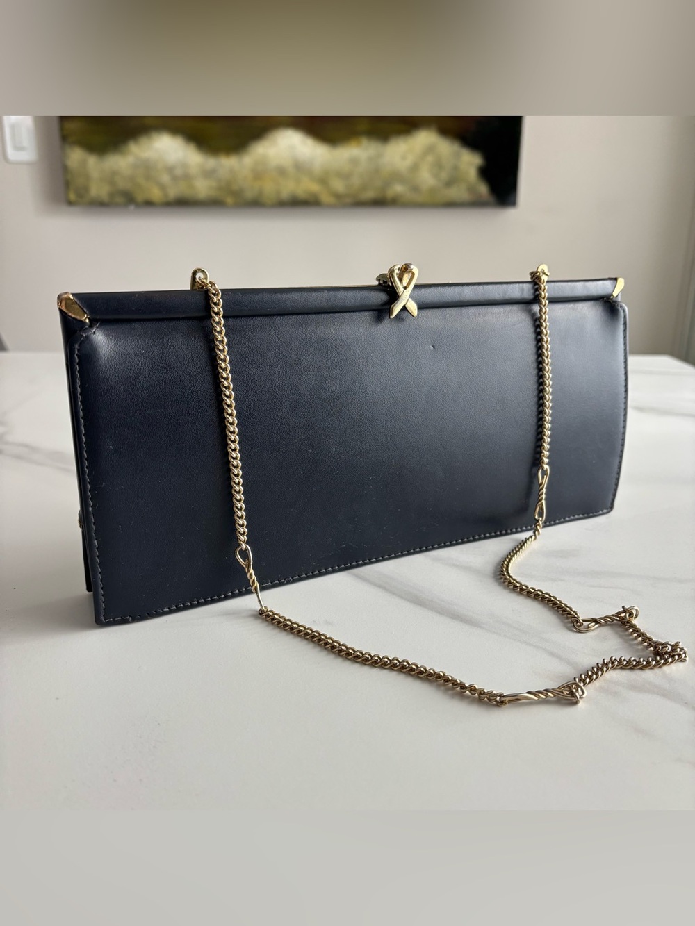 Vintage Ackery London Navy Blue Leather Evening Clutch Purse with Gold Chain